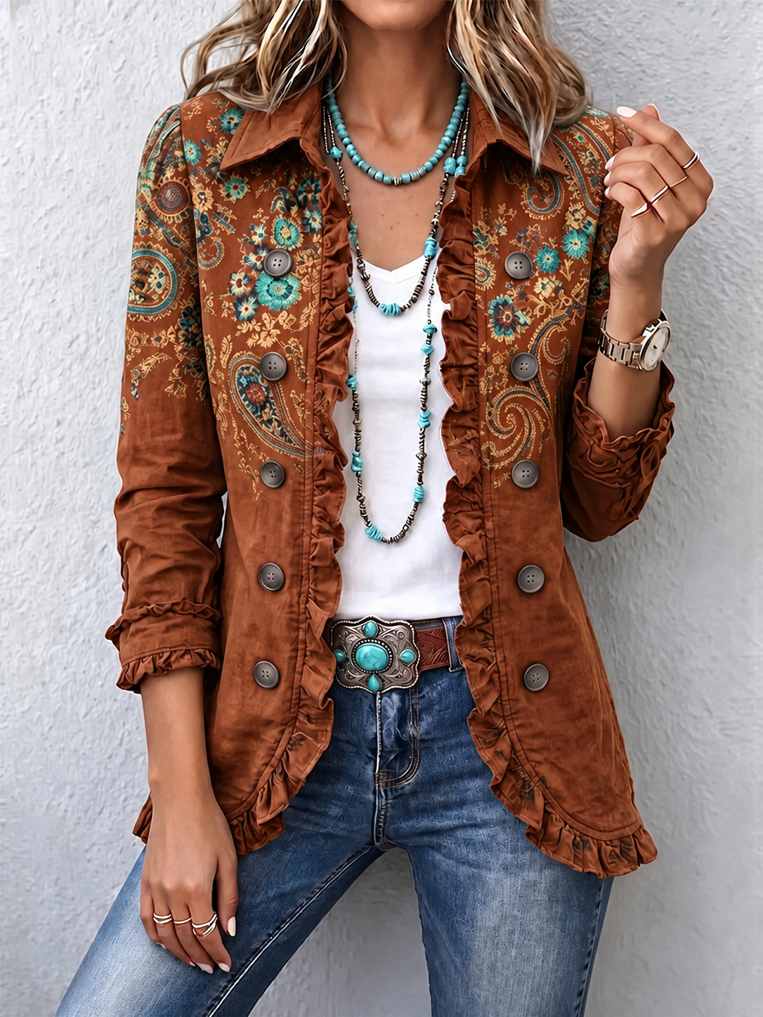 🤲LAST DAY SAVE 49% ⏰Boho-chic Floral Embroidered Utility Ruffled Trim Jacket