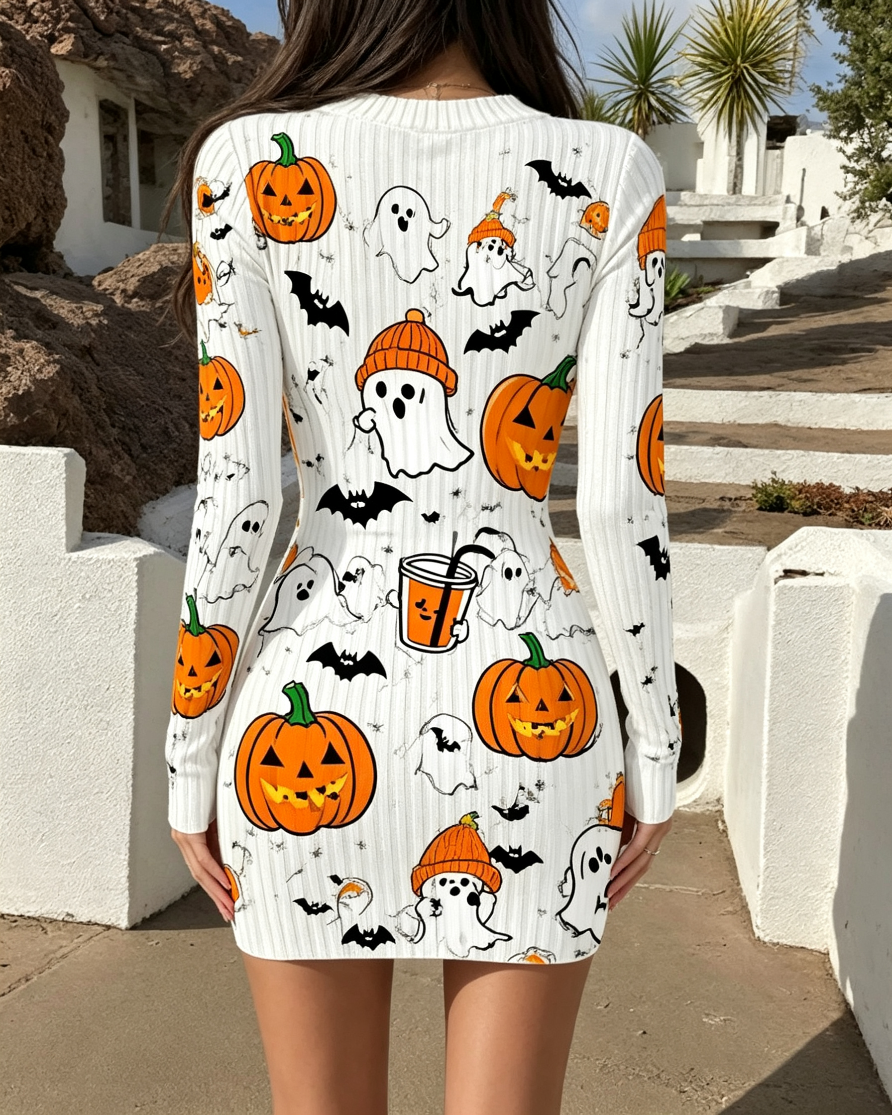 Halloween ghost pumpkin mini bodycon dress
