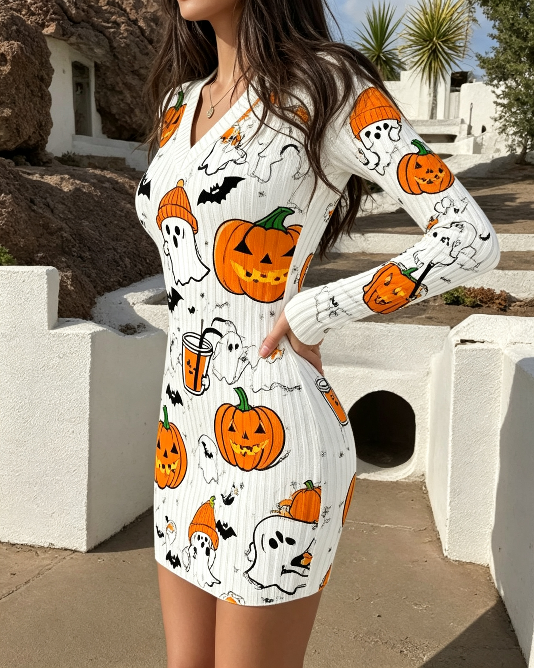 Halloween ghost pumpkin mini bodycon dress