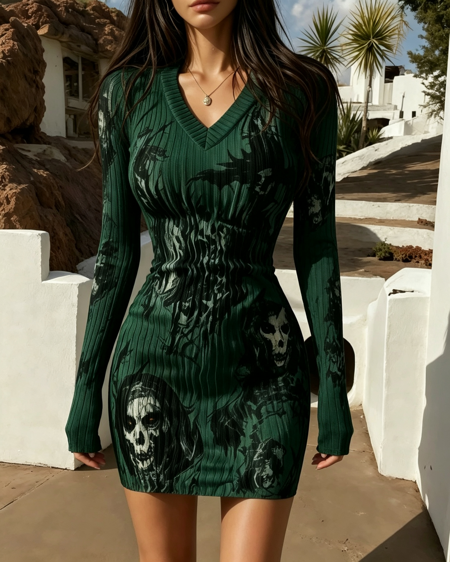 Gothic Dark Green Skull Bodycon Mini Dress｜