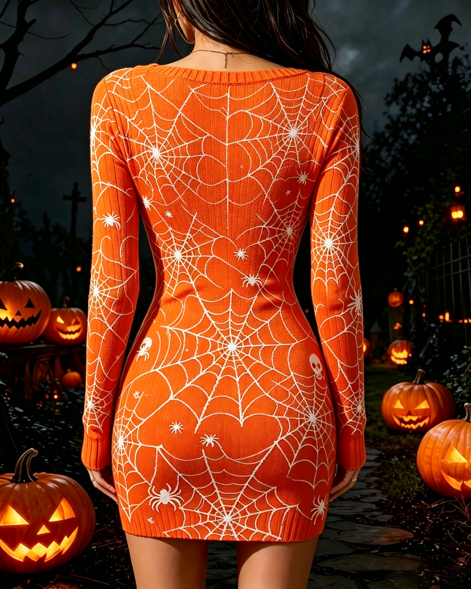 Enchanting Halloween Pumpkin Patch Spiderweb Print V-Neck Bodycon Mini Dress