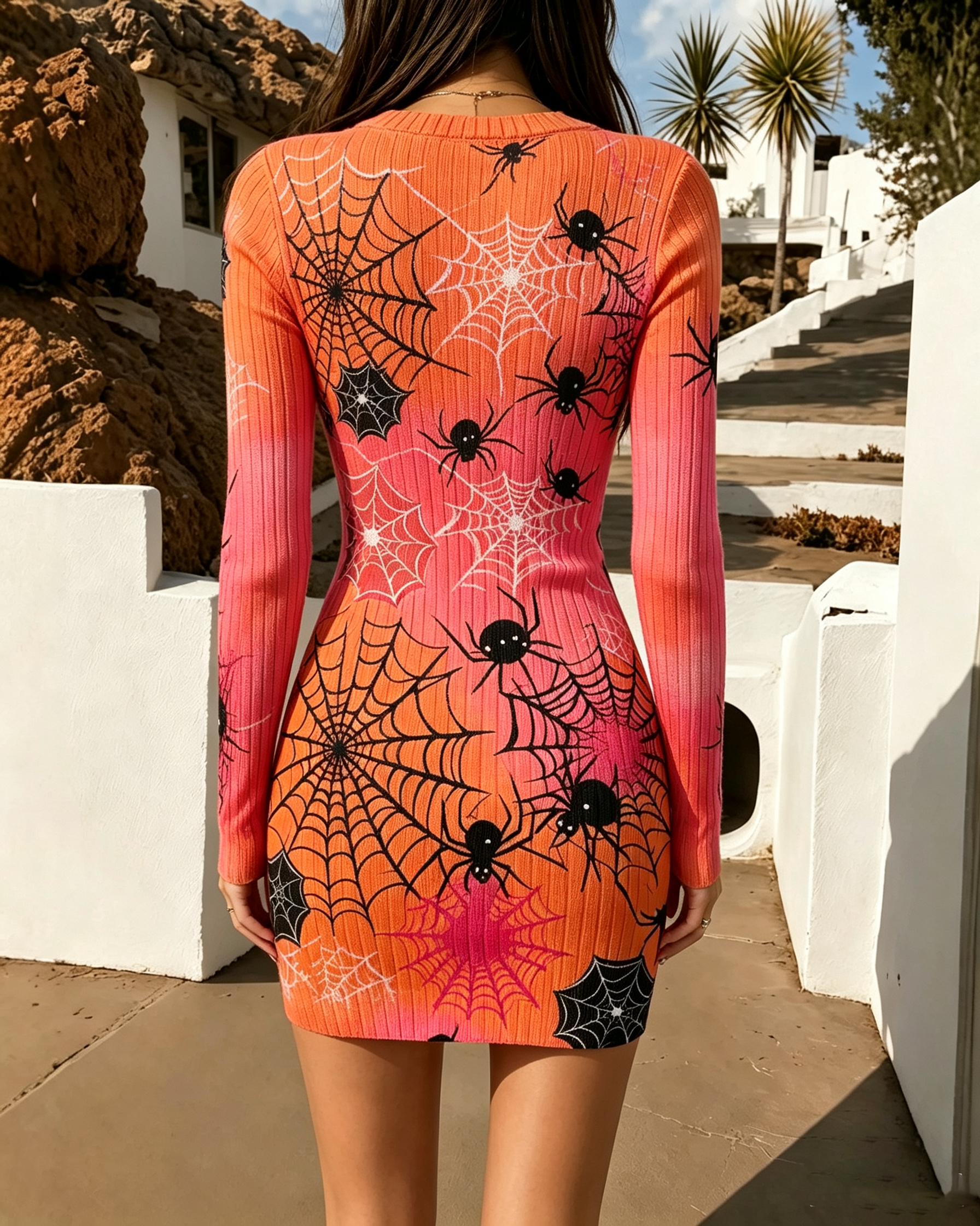 Goth Halloween Spiderweb Print Fitted V-Neck Bodycon Mini Dress