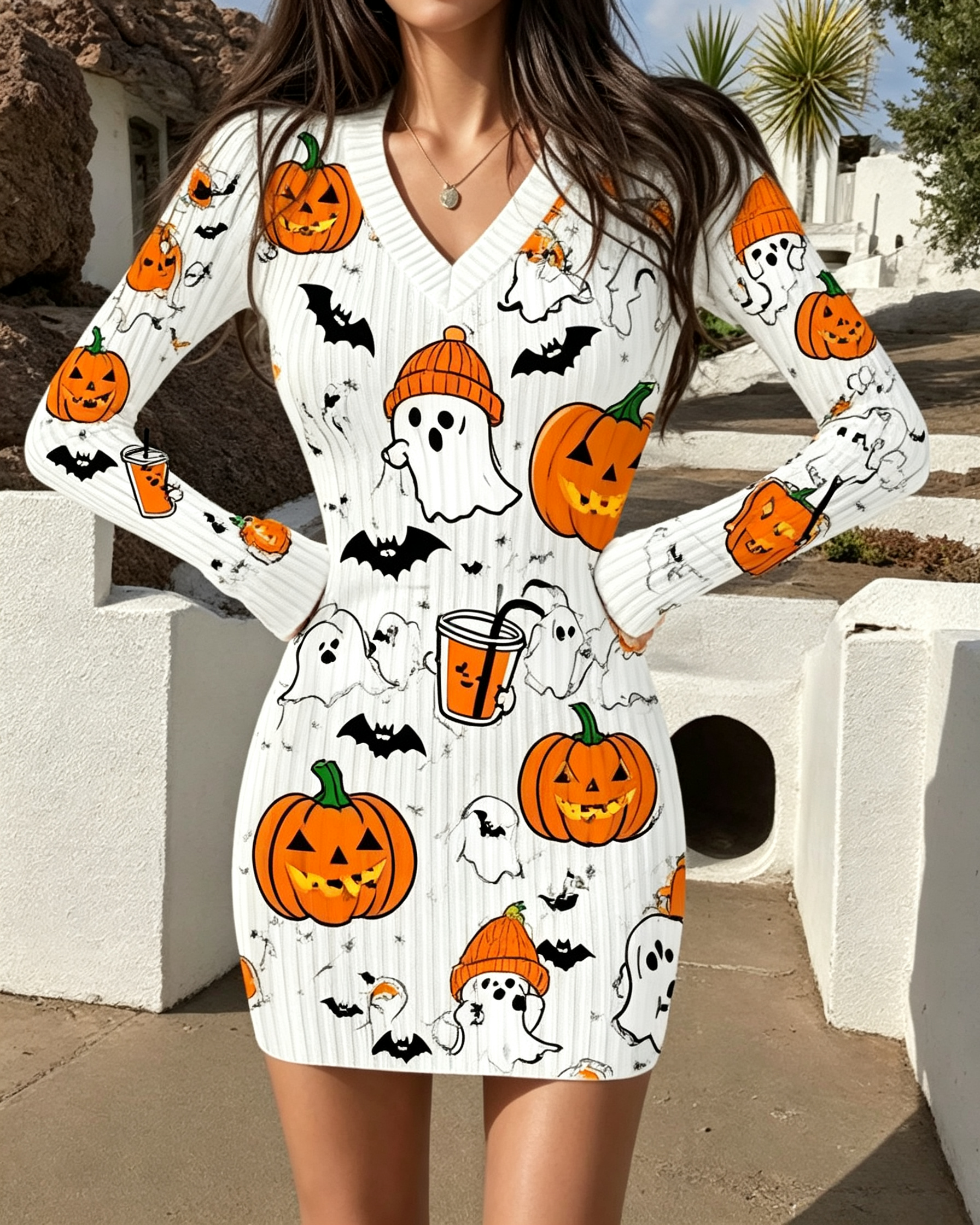 Halloween ghost pumpkin mini bodycon dress