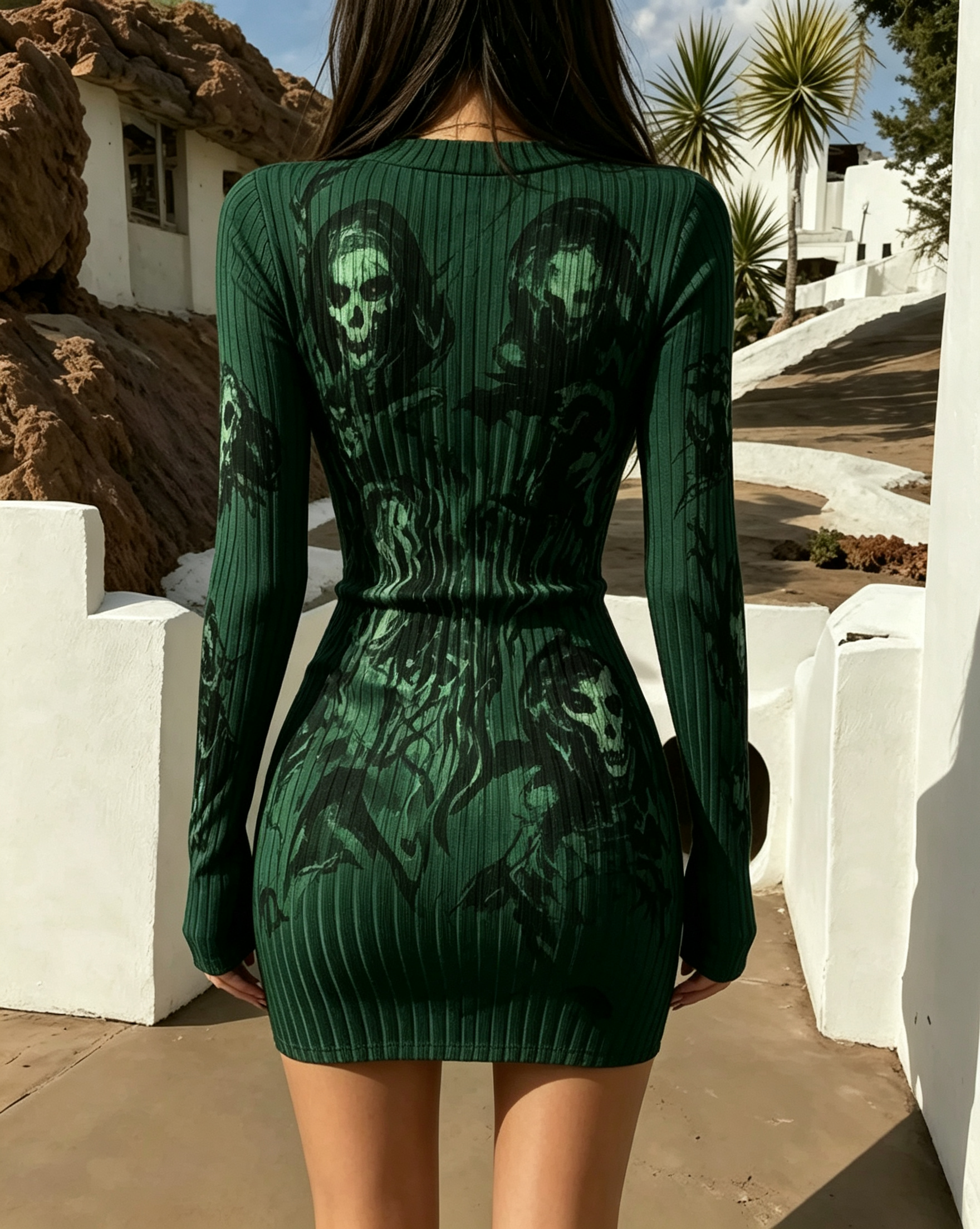 Gothic Dark Green Skull Bodycon Mini Dress