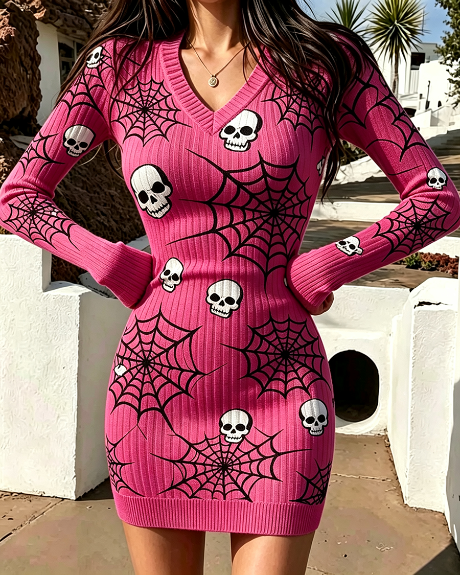 Vibrant Orange Skull & Spiderweb Knit Bodycon Mini Dress