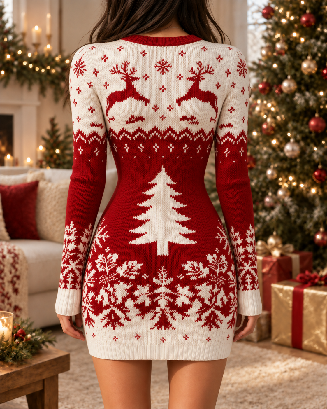 Red White Reindeer Christmas Tree Bodycon Dress