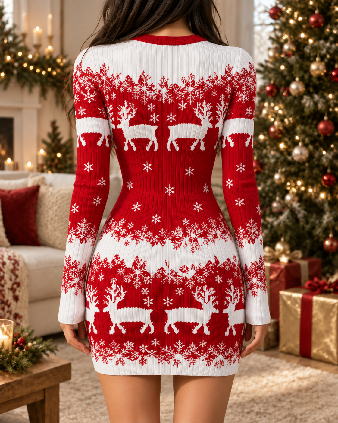 Festive Reindeer Long Sleeve Christmas Party Bodycon Mini Dress