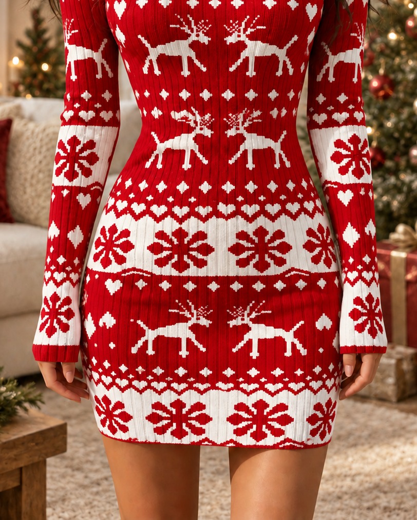 Red Reindeer Snowflake Christmas Bodycon Dress