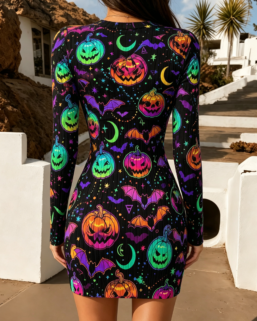 Colorful Jack O Lantern Long Sleeve Mini Dress