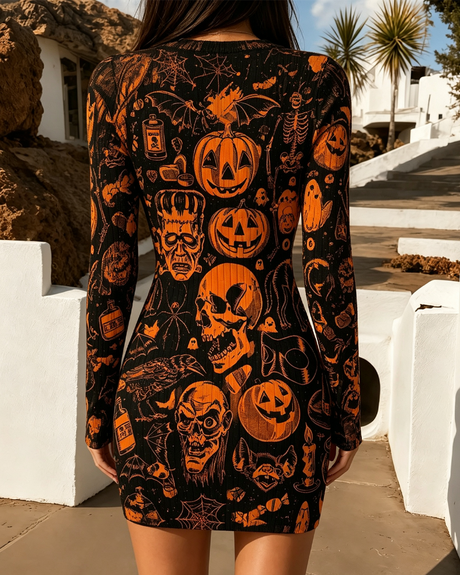 5-Vintage Halloween Skull Bodycon Mini Dress