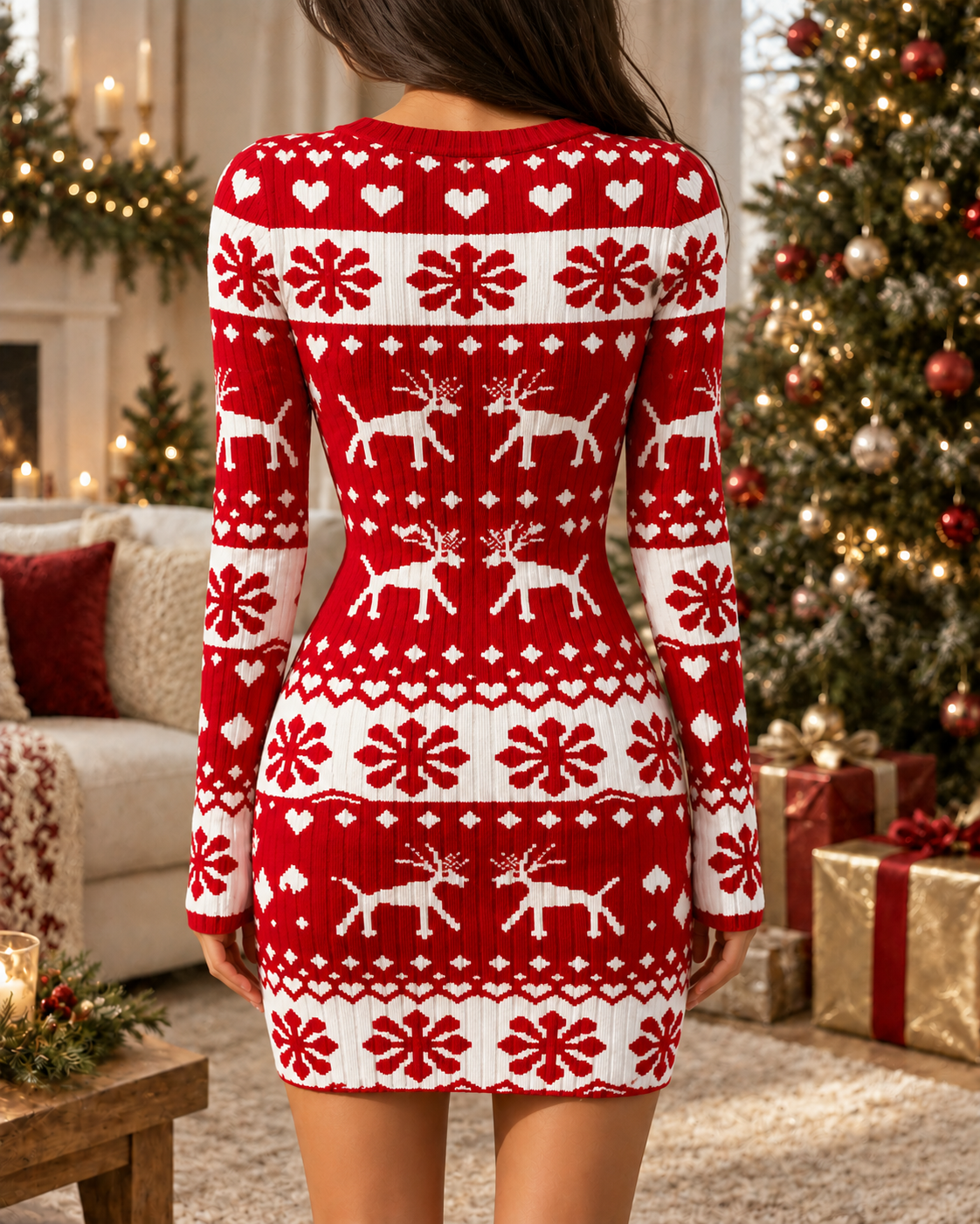Red Reindeer Snowflake Christmas Bodycon Dress