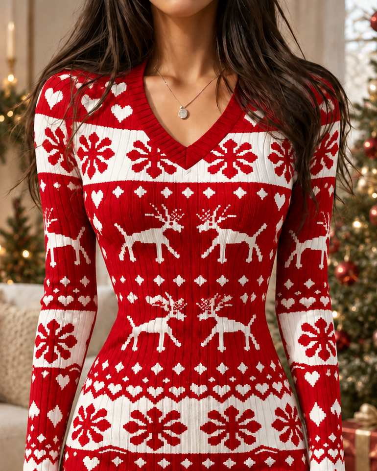 Red Reindeer Snowflake Christmas Bodycon Dress