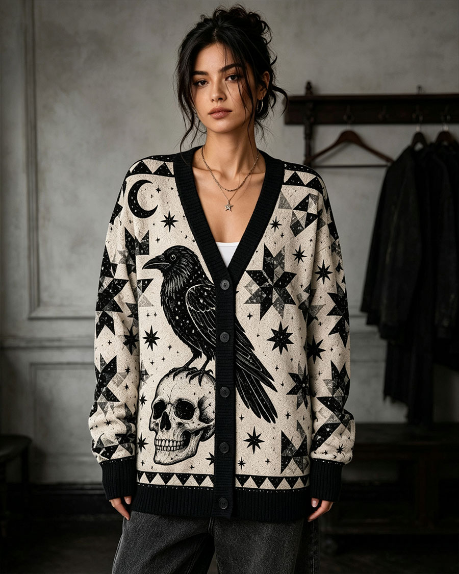 Gothic Raven Skull Celestial Witchy Sweater