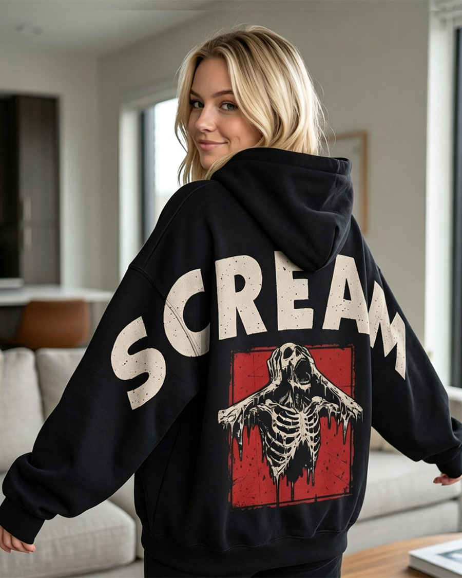 Shoulder-to-Shoulder Scream Skeleton Halloween Hoodie