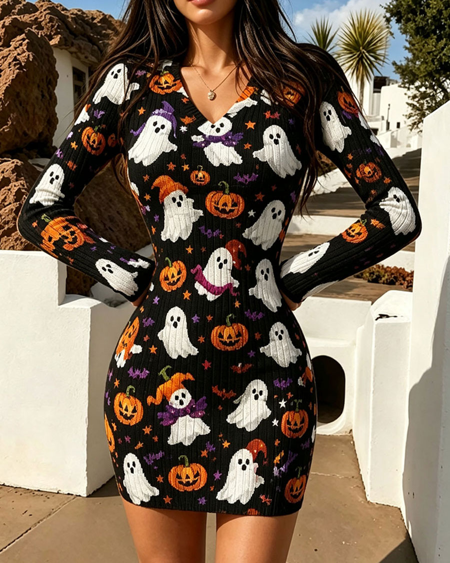 Spooky Ghost Pumpkin Bodycon Mini Dress
