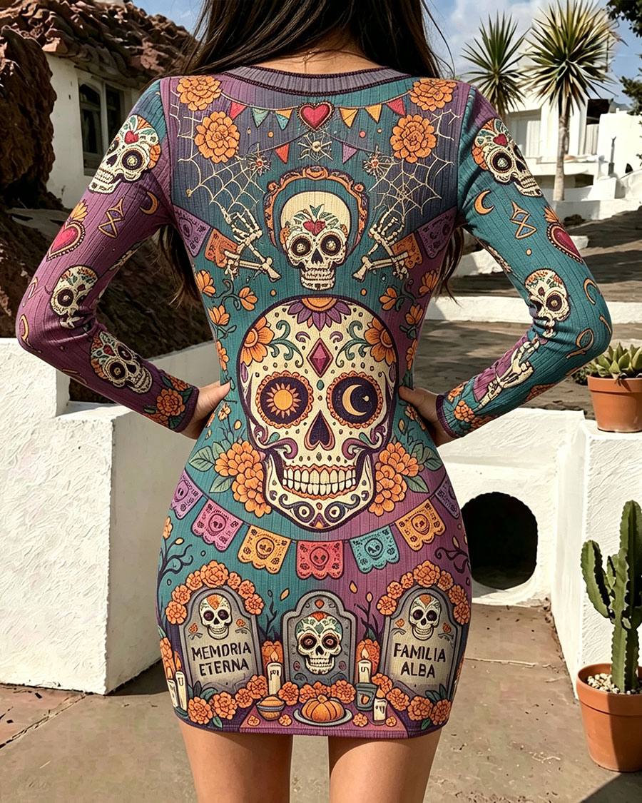 Colorful Mexican Sugar Skull V-Neck Bodycon Mini Dress