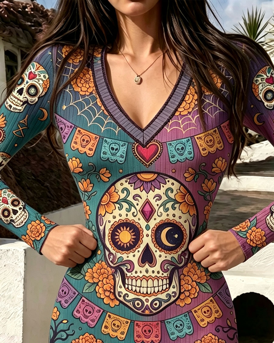 Colorful Mexican Sugar Skull V-Neck Bodycon Mini Dress