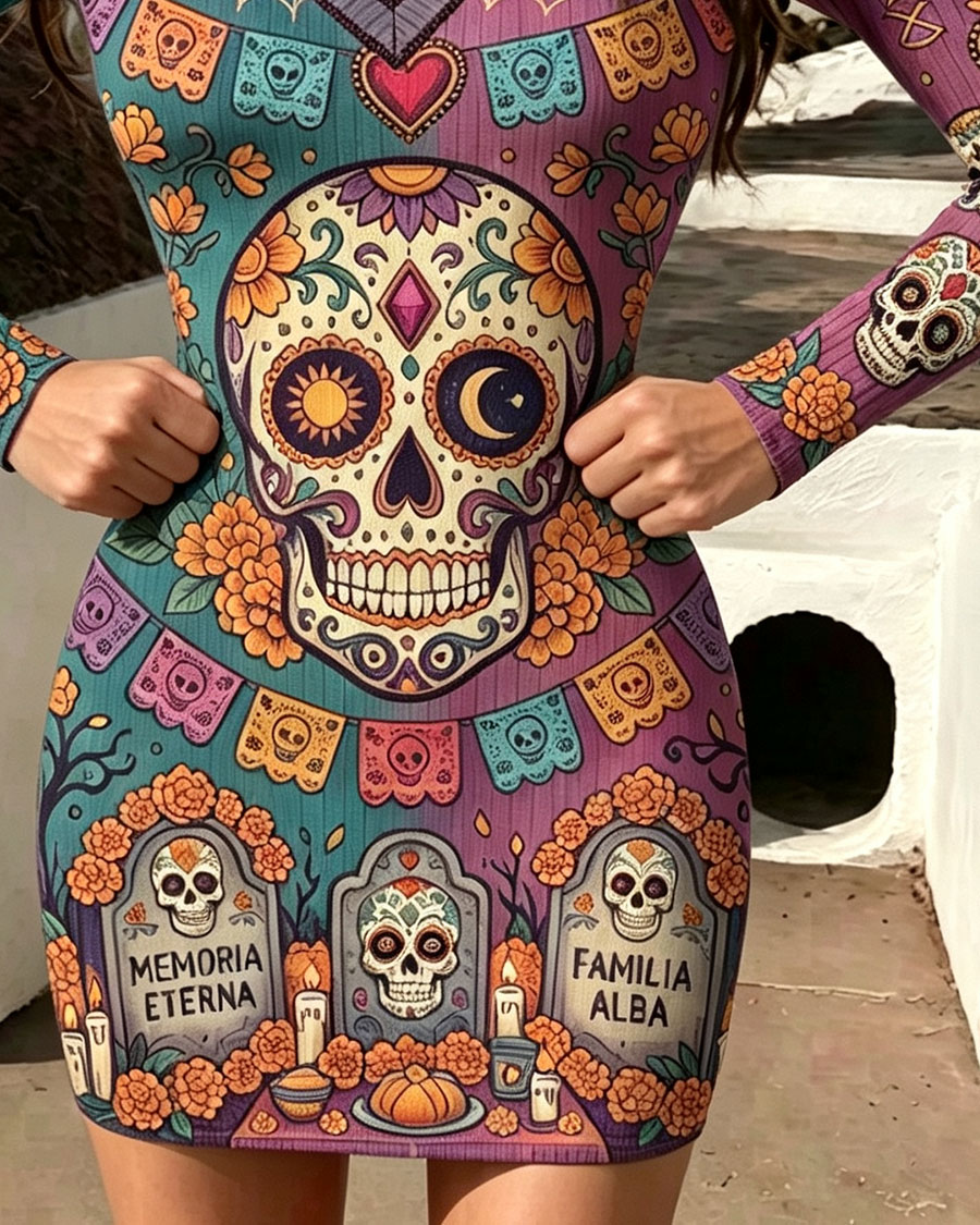 Colorful Mexican Sugar Skull V-Neck Bodycon Mini Dress