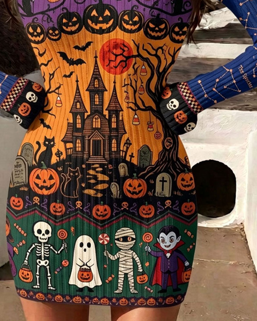 Whimsical Haunted House Bodycon Mini Dress
