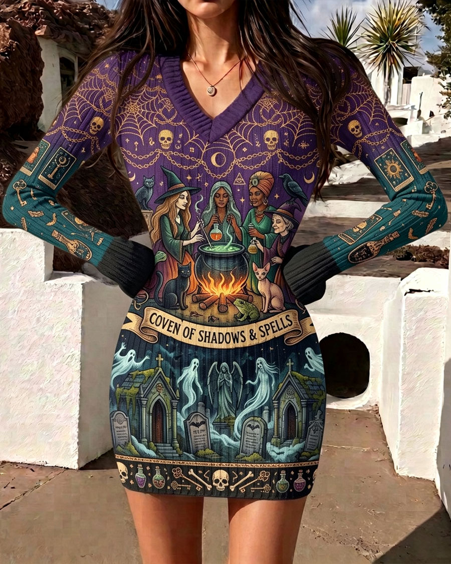 Enchanting Witch Coven Graveyard Ghost Print Bodycon Dress