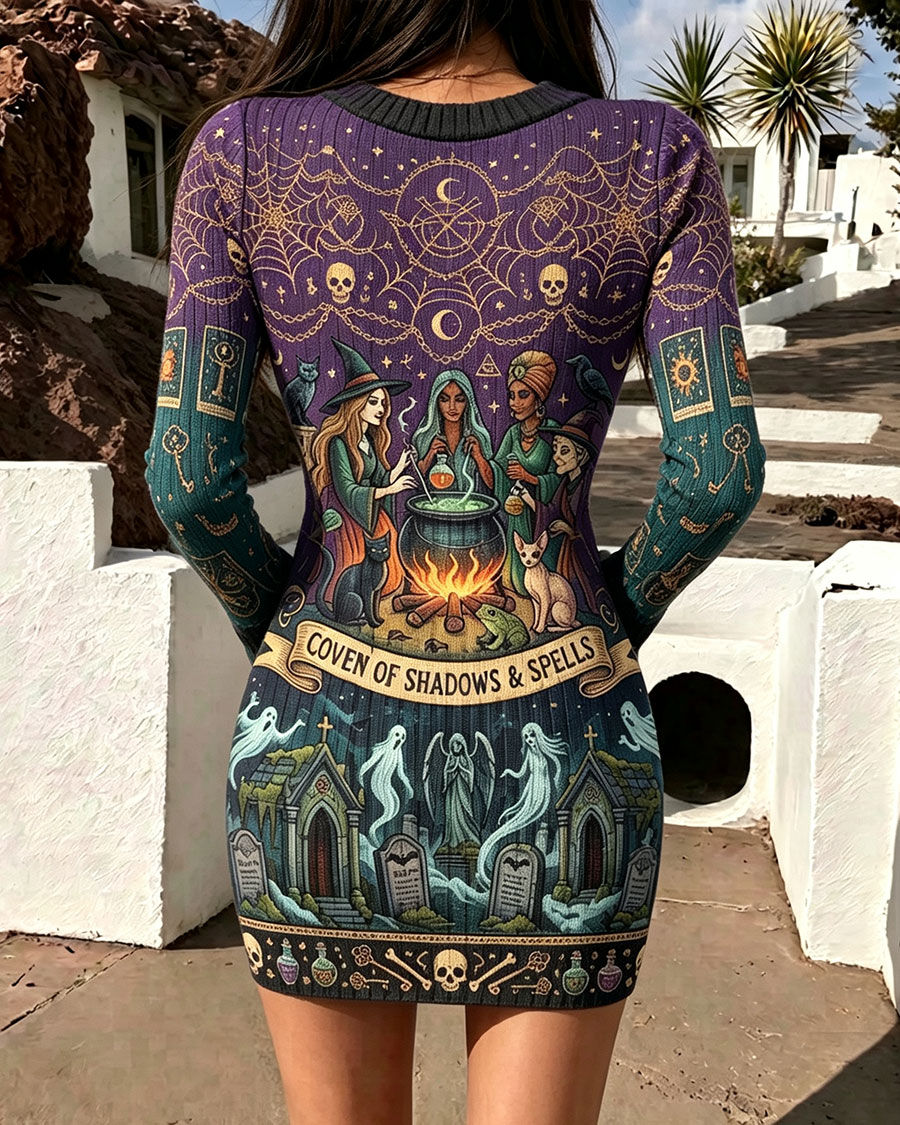 Enchanting Witch Coven Graveyard Ghost Print Bodycon Dress