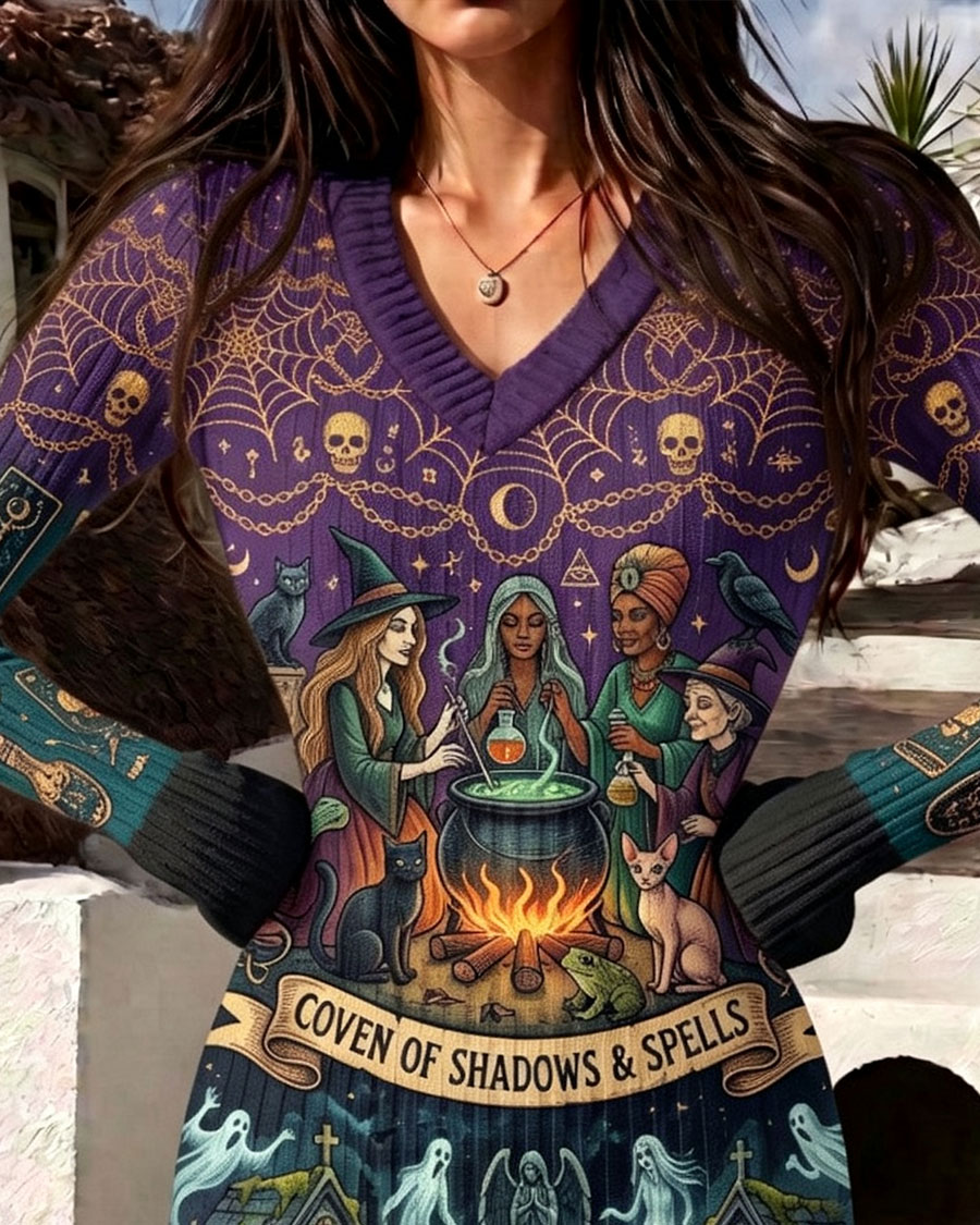 Enchanting Witch Coven Graveyard Ghost Print Bodycon Dress