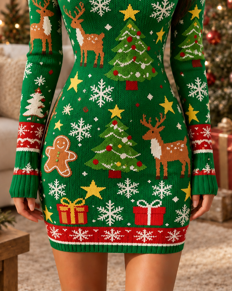 Green Gingerbread Man Reindeer Christmas Bodycon Dress