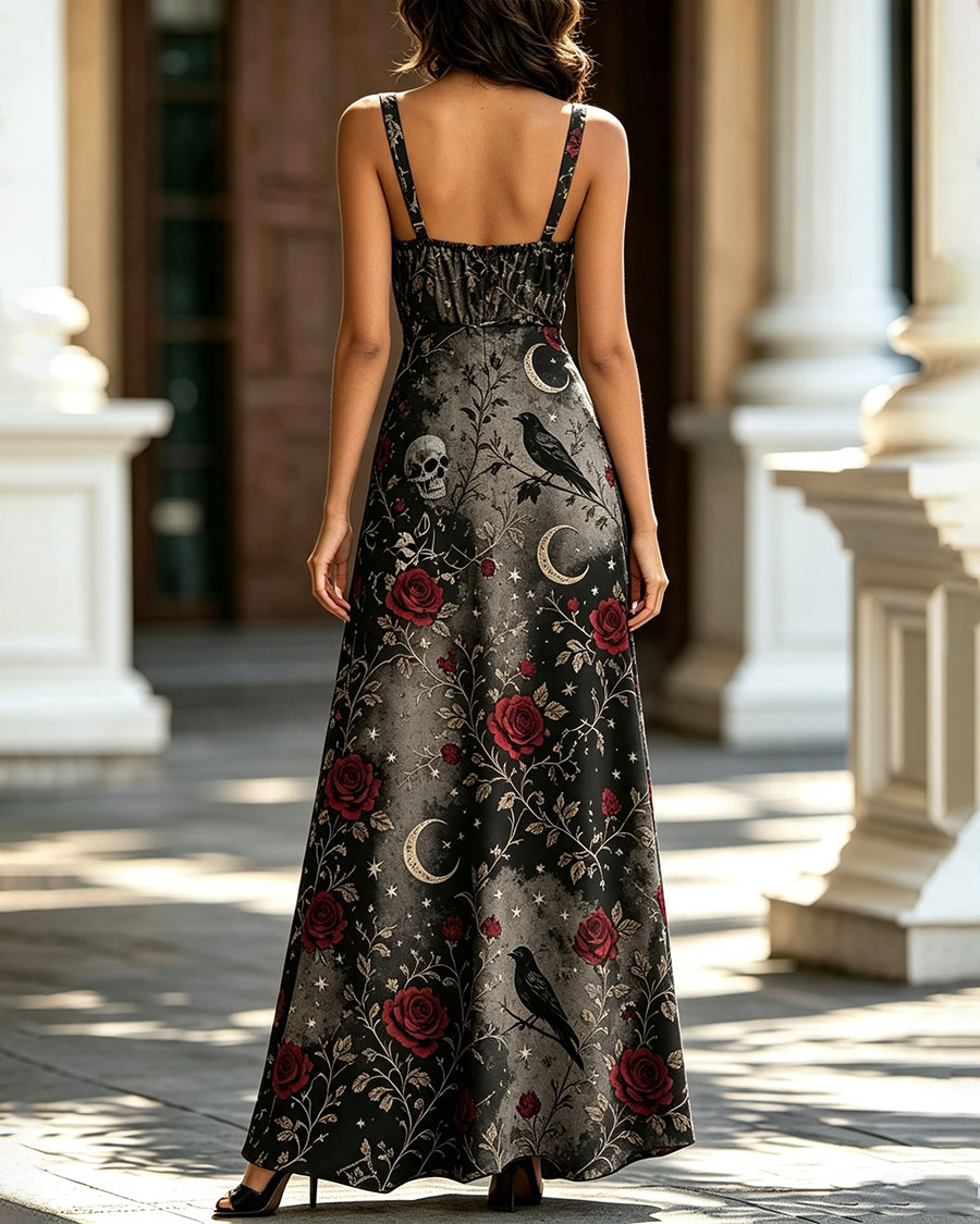 Romantic Gothic Raven & Rose Maxi Dress