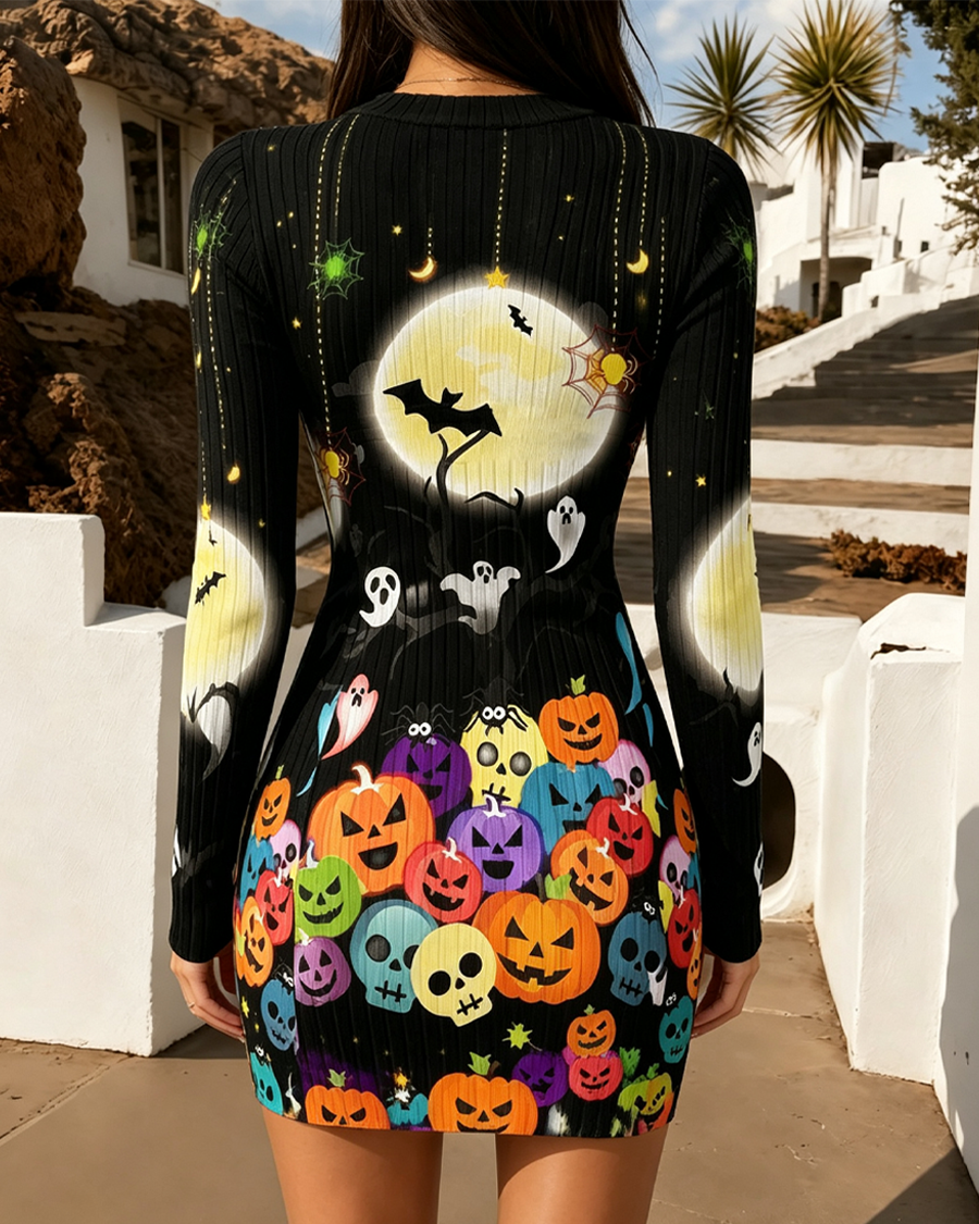 Moon Pumpkin Skull Bodycon Mini Dress