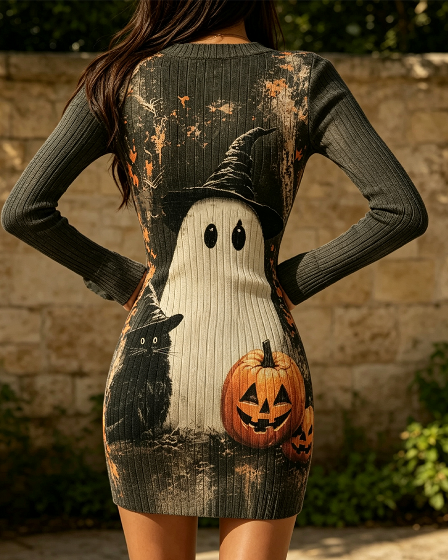 Spooky Ghost Pumpkin Bodycon Mini Dress