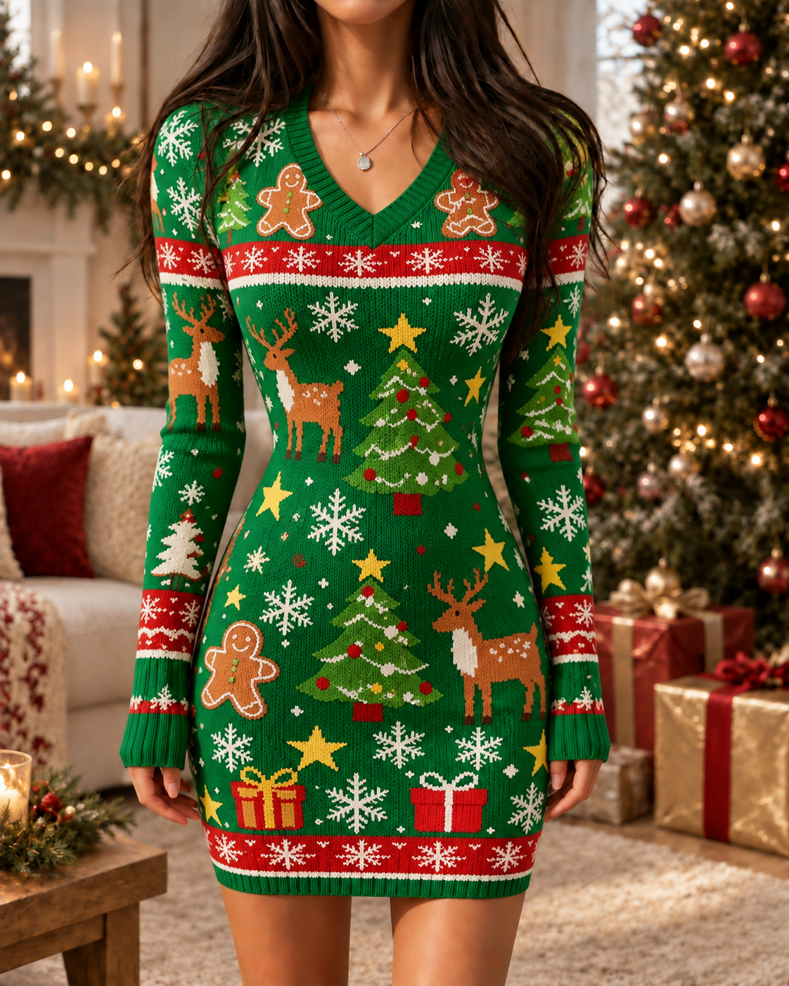 Green Gingerbread Man Reindeer Christmas Bodycon Dress