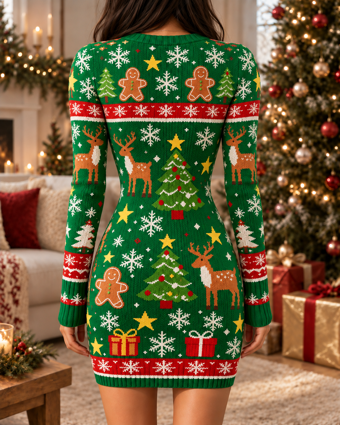 Green Gingerbread Man Reindeer Christmas Bodycon Dress