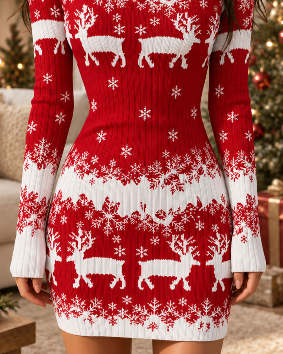 Festive Reindeer Long Sleeve Christmas Party Bodycon Mini Dress