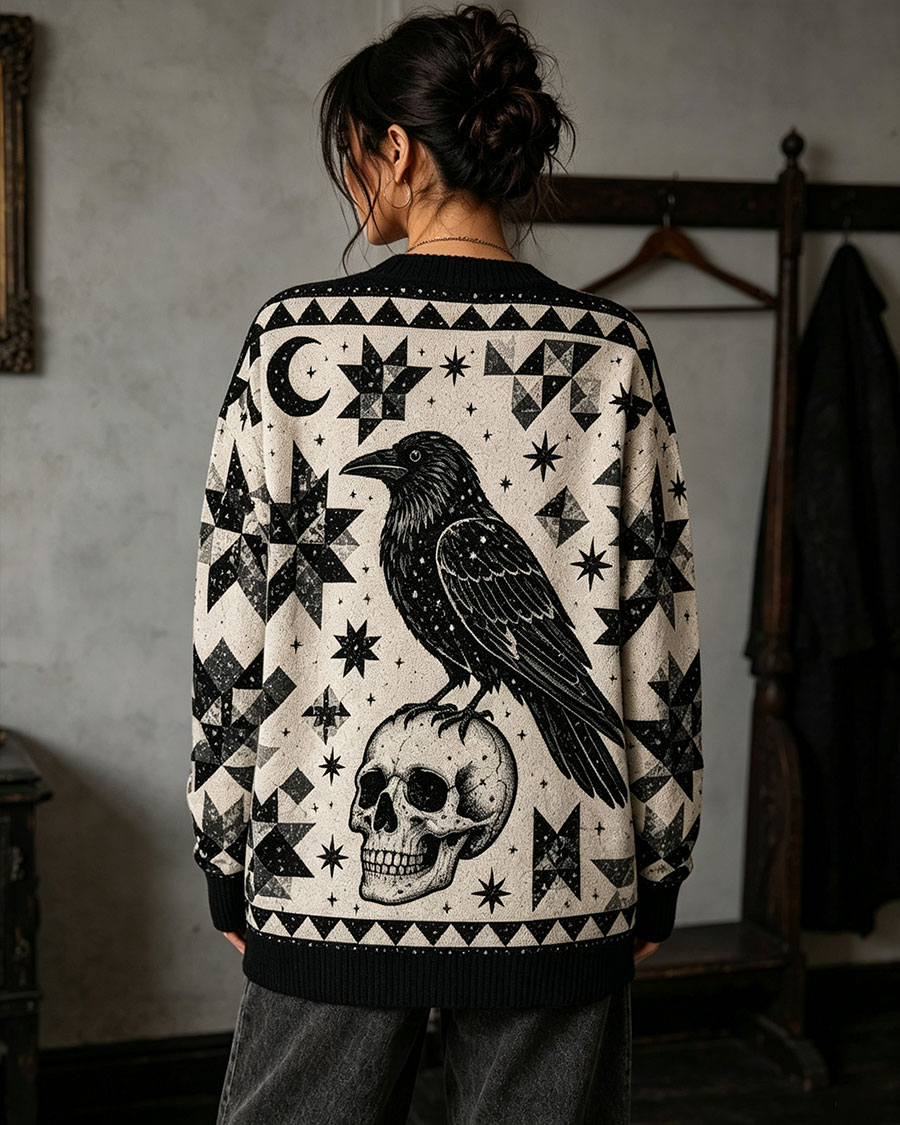 Gothic Raven Skull Celestial Witchy Sweater