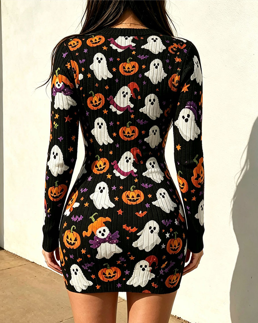 Spooky Ghost Pumpkin Bodycon Mini Dress