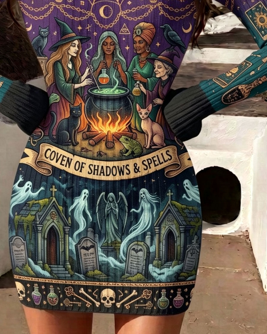 Enchanting Witch Coven Graveyard Ghost Print Bodycon Dress