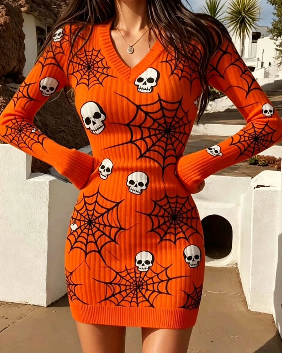 Vibrant Orange Skull & Spiderweb Knit Bodycon Mini Dress