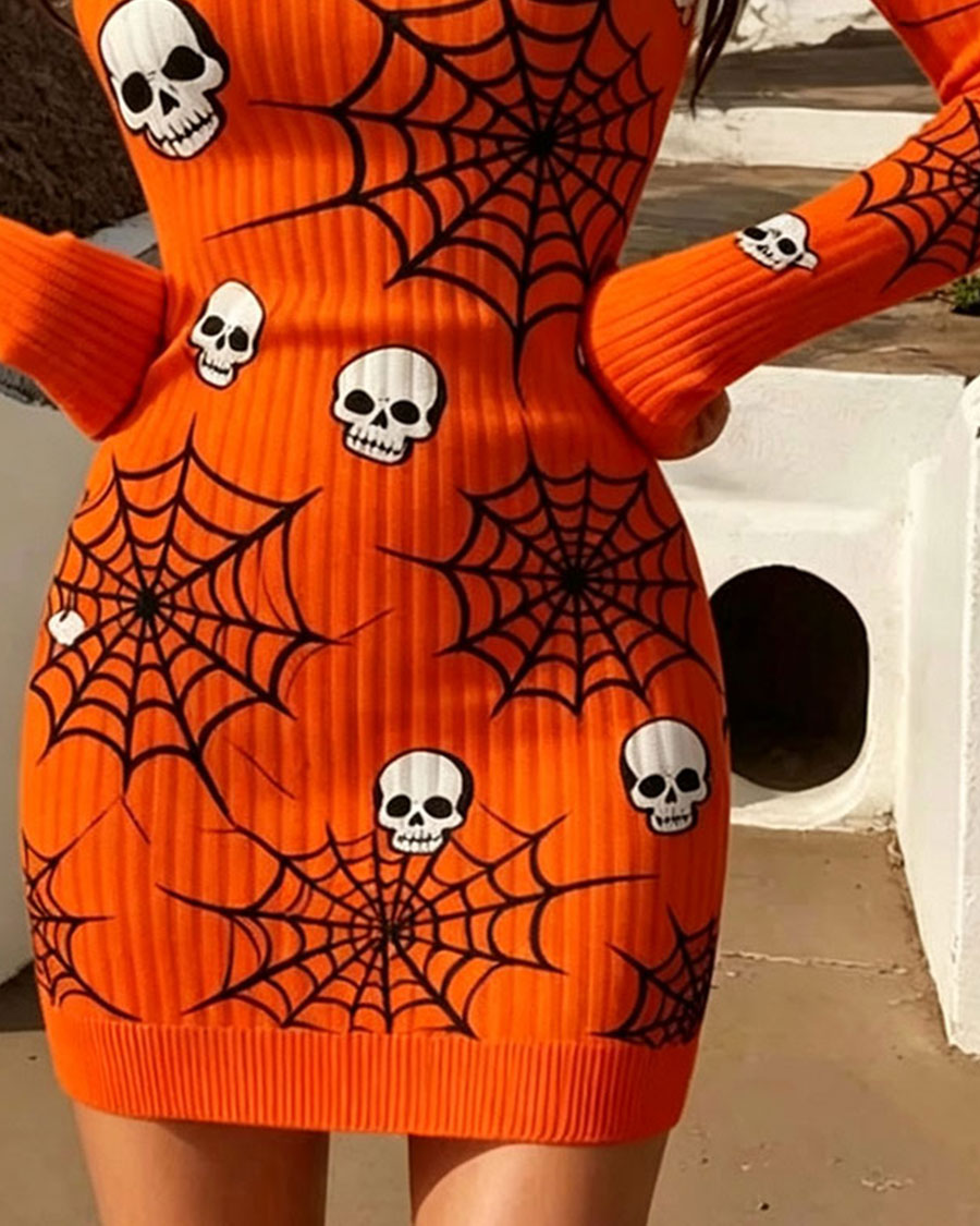 Vibrant Orange Skull & Spiderweb Knit Bodycon Mini Dress