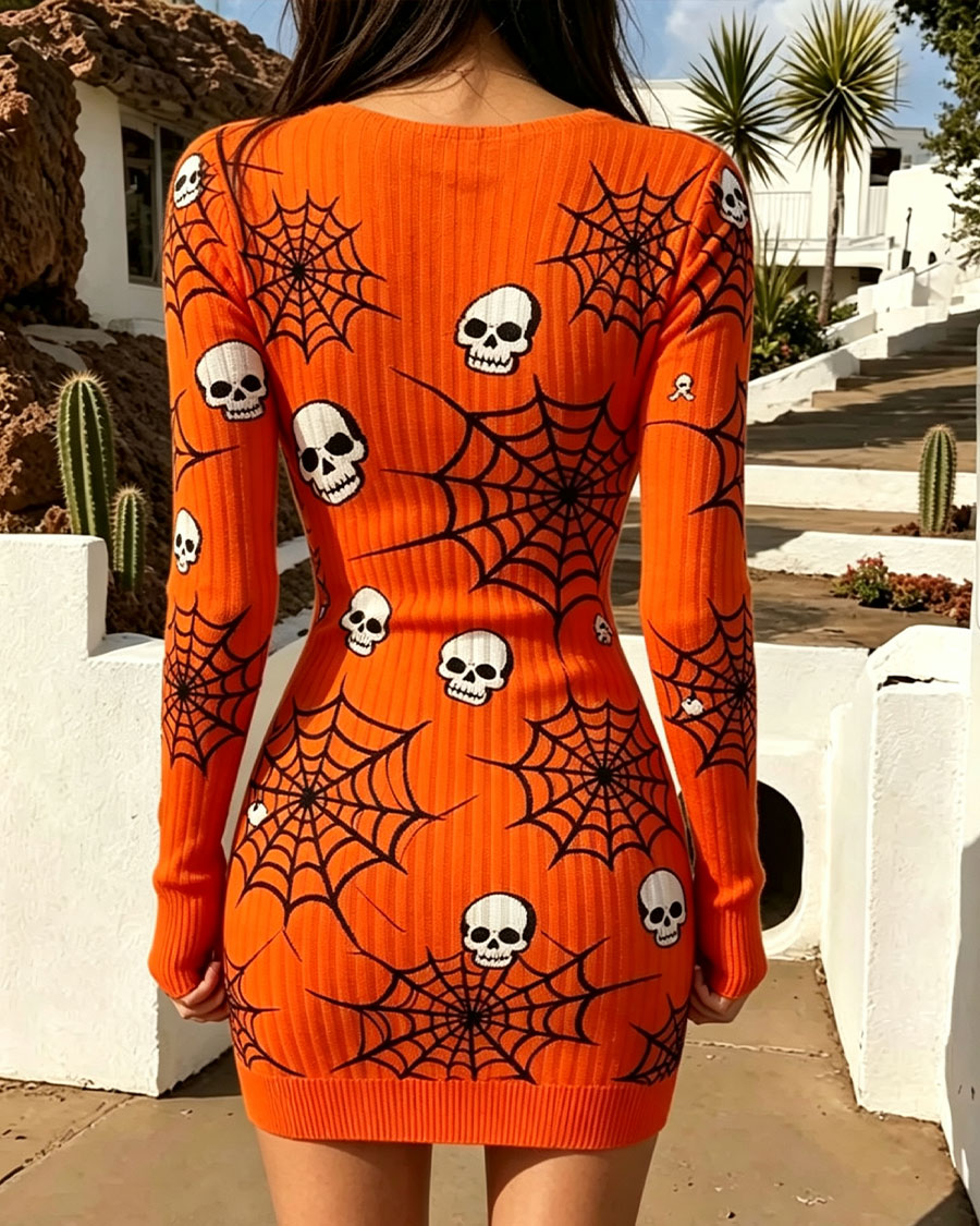Vibrant Orange Skull & Spiderweb Knit Bodycon Mini Dress