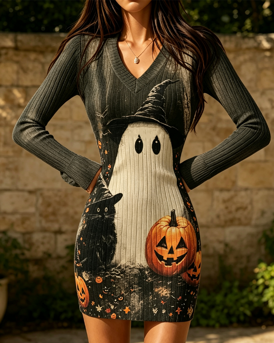 Spooky Ghost Pumpkin Bodycon Mini Dress