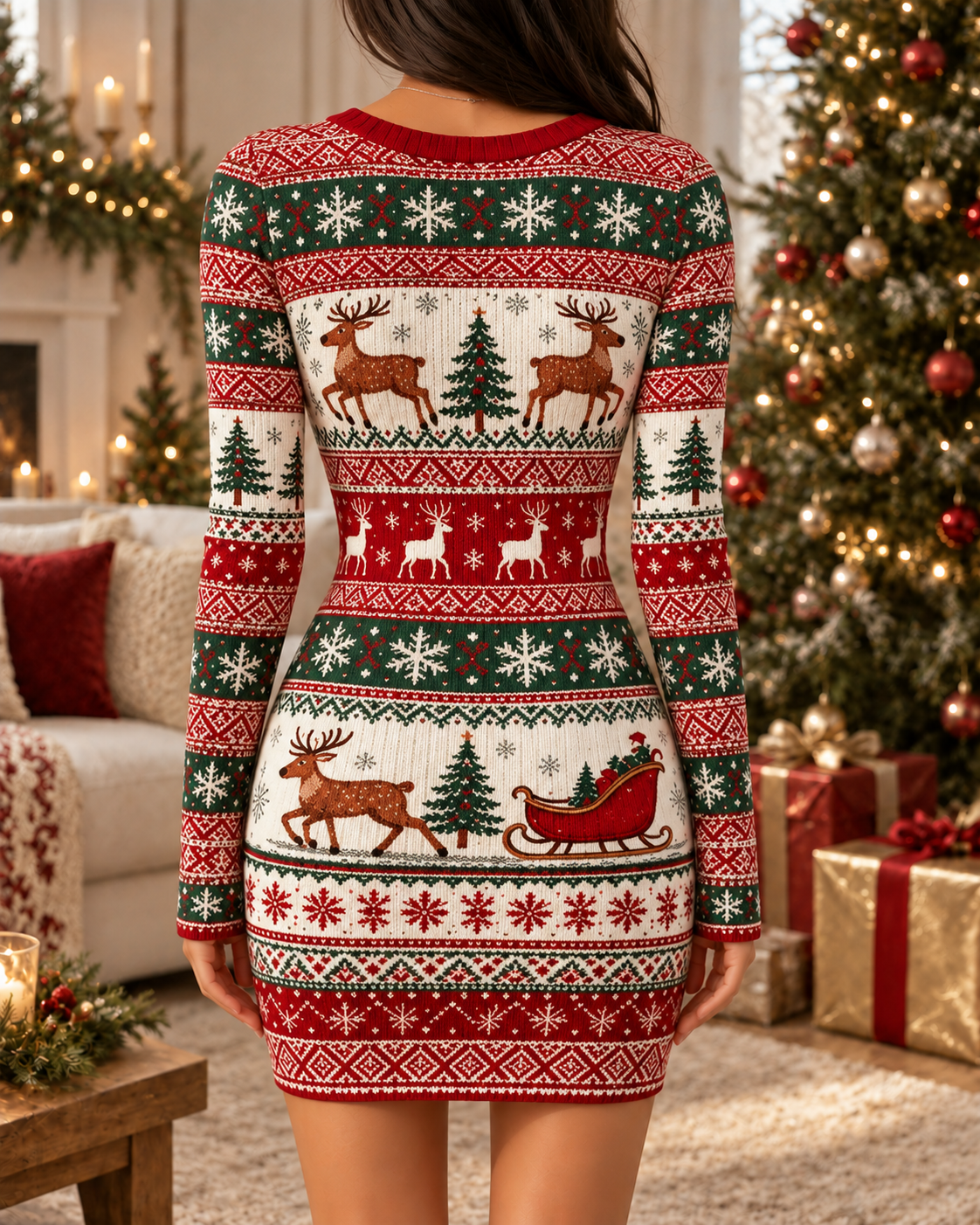 Red Green Reindeer Sleigh Christmas Bodycon Dress