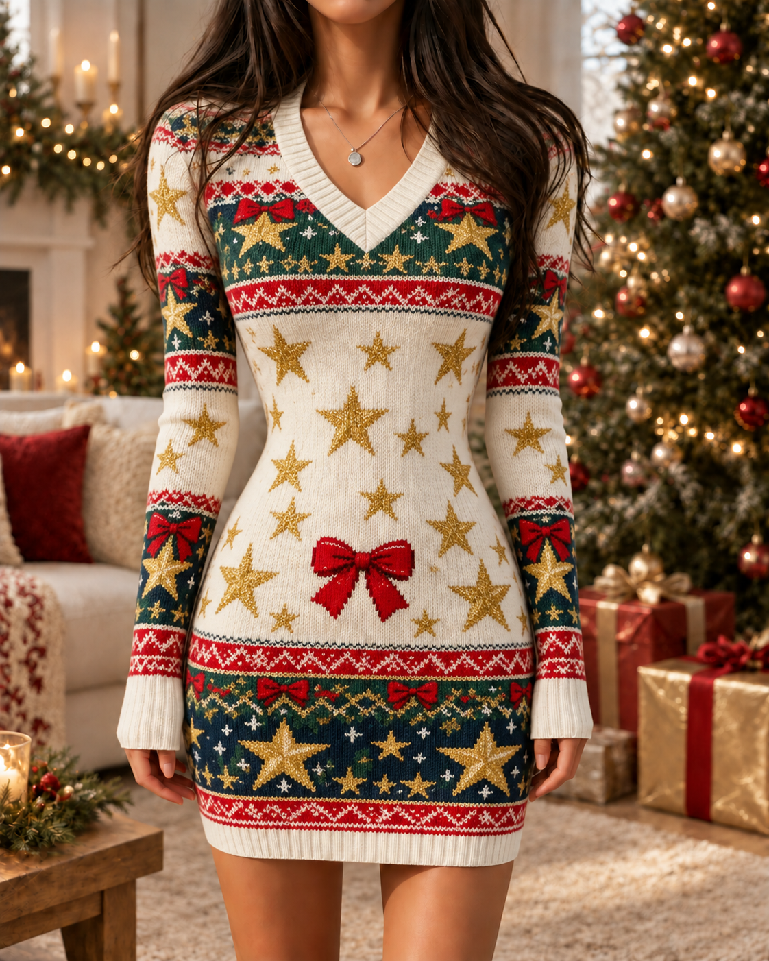 Cream Gold Star Red Bow Christmas Bodycon Dress