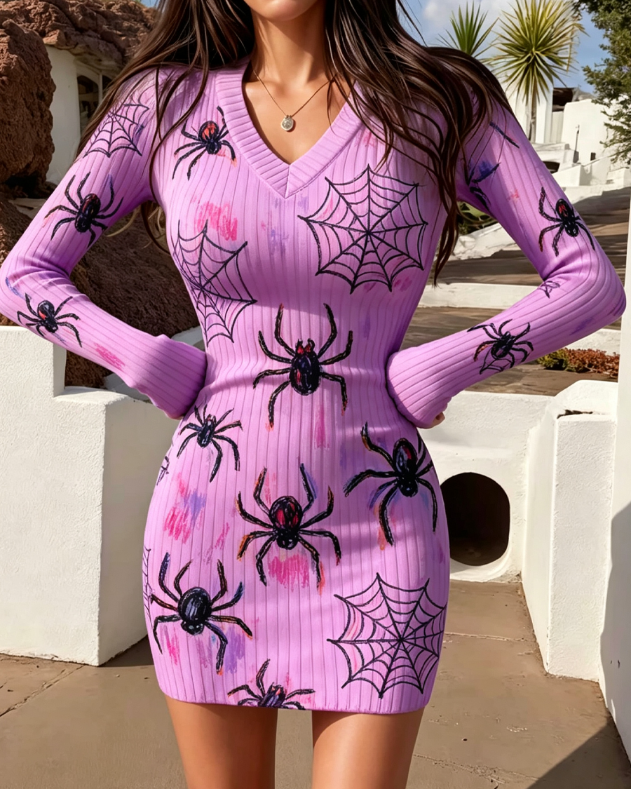 V Neck Spider Print Bodycon Mini Dress