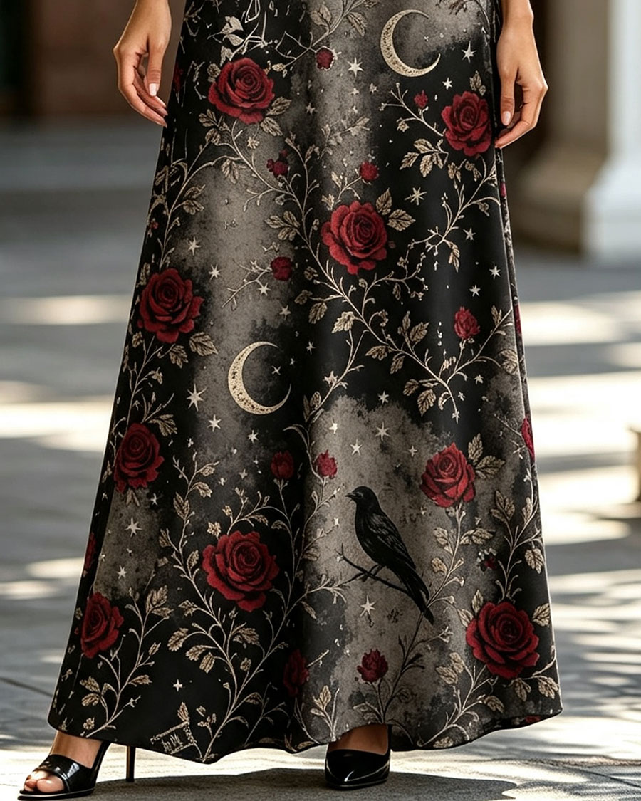 Romantic Gothic Raven & Rose Maxi Dress