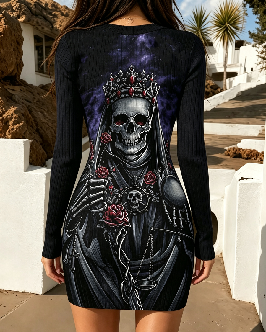 Crowned Skeleton Rose Bodycon Mini Dress