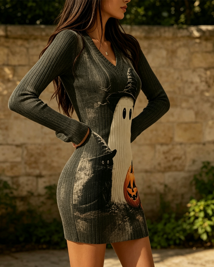 Spooky Ghost Pumpkin Bodycon Mini Dress