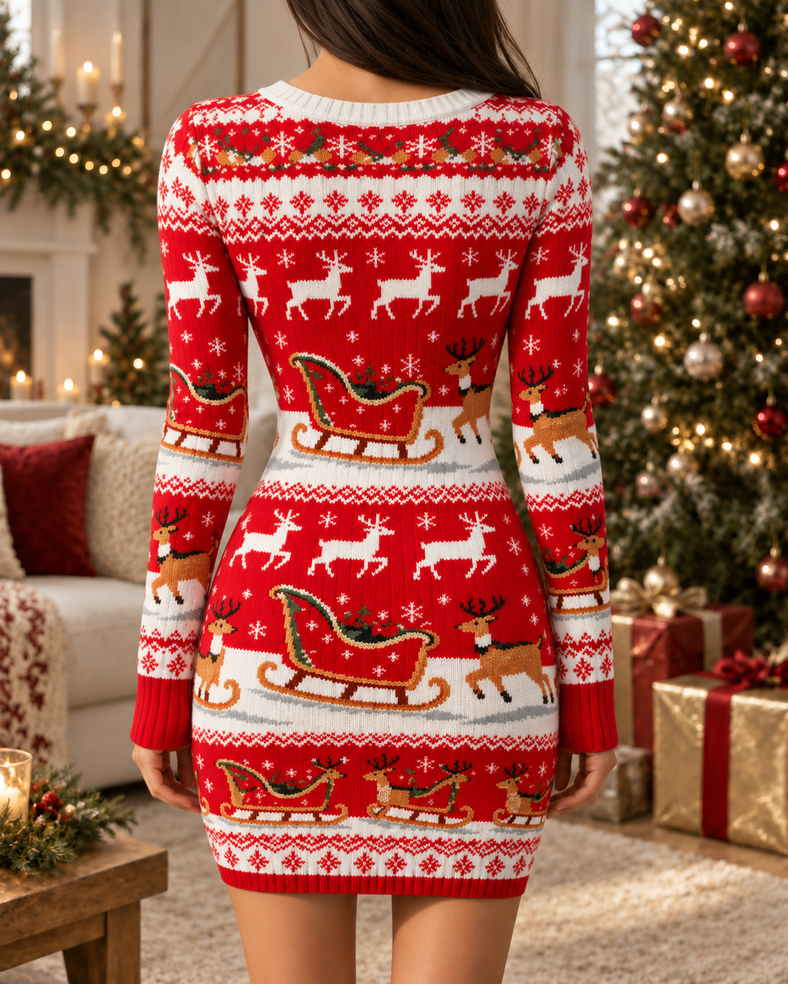 Red White Reindeer Sleigh Christmas Bodycon Dress