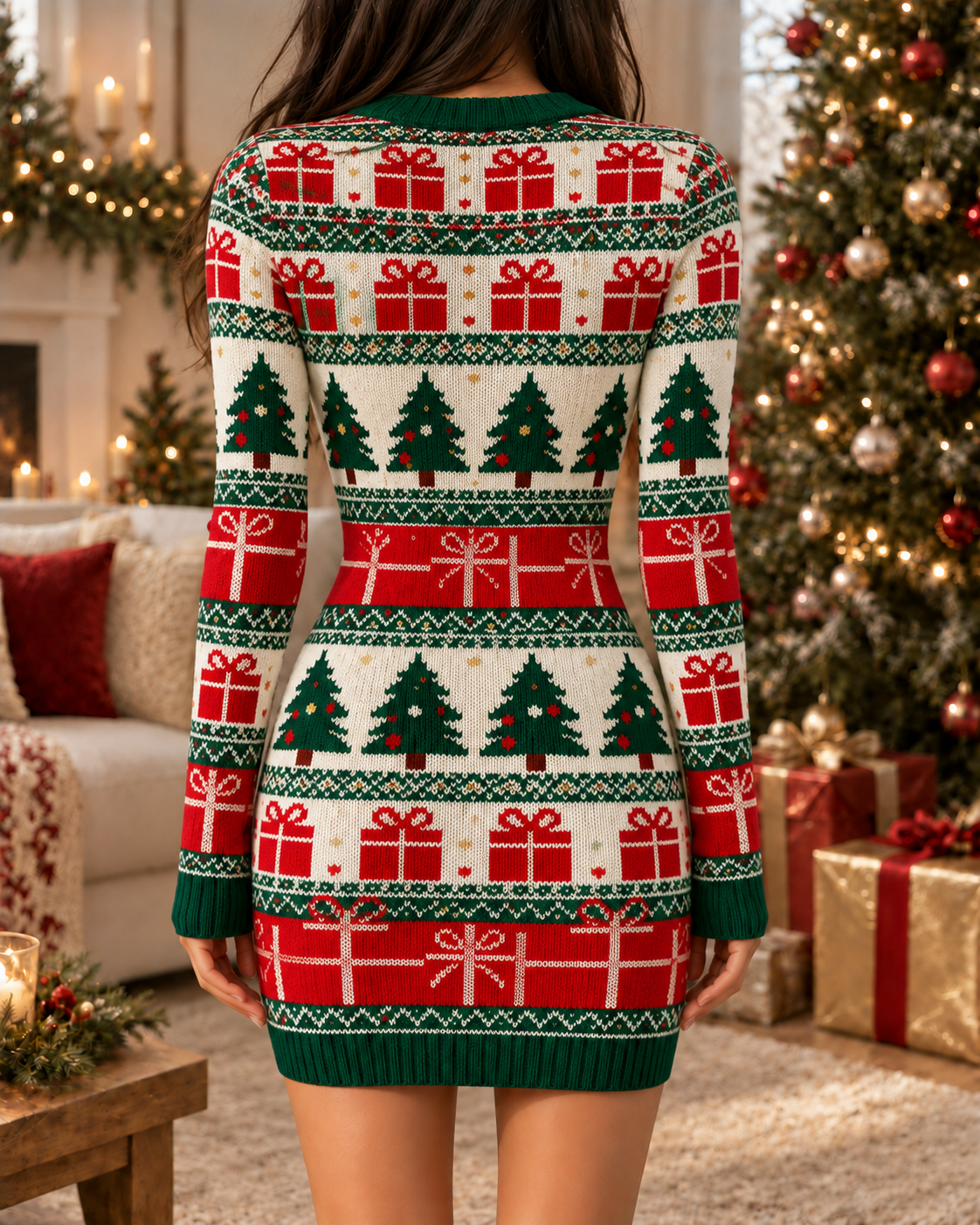 Red Green Christmas Tree Gift Box Bodycon Dress