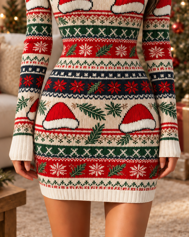 Cream Red Santa Hat Christmas Bodycon Dress