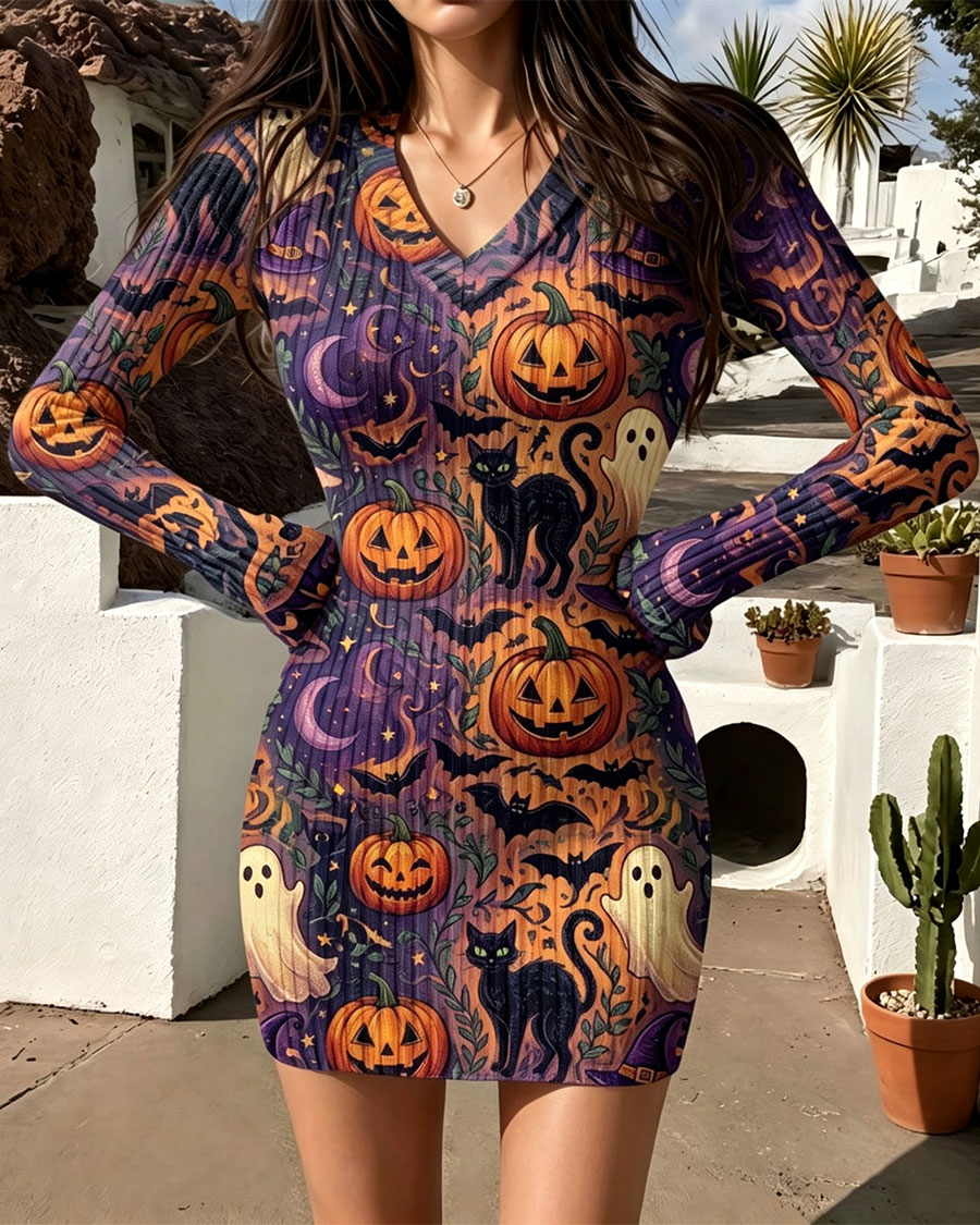 Chic Halloween Pumpkin & Black Cat Bodycon Mini Dress